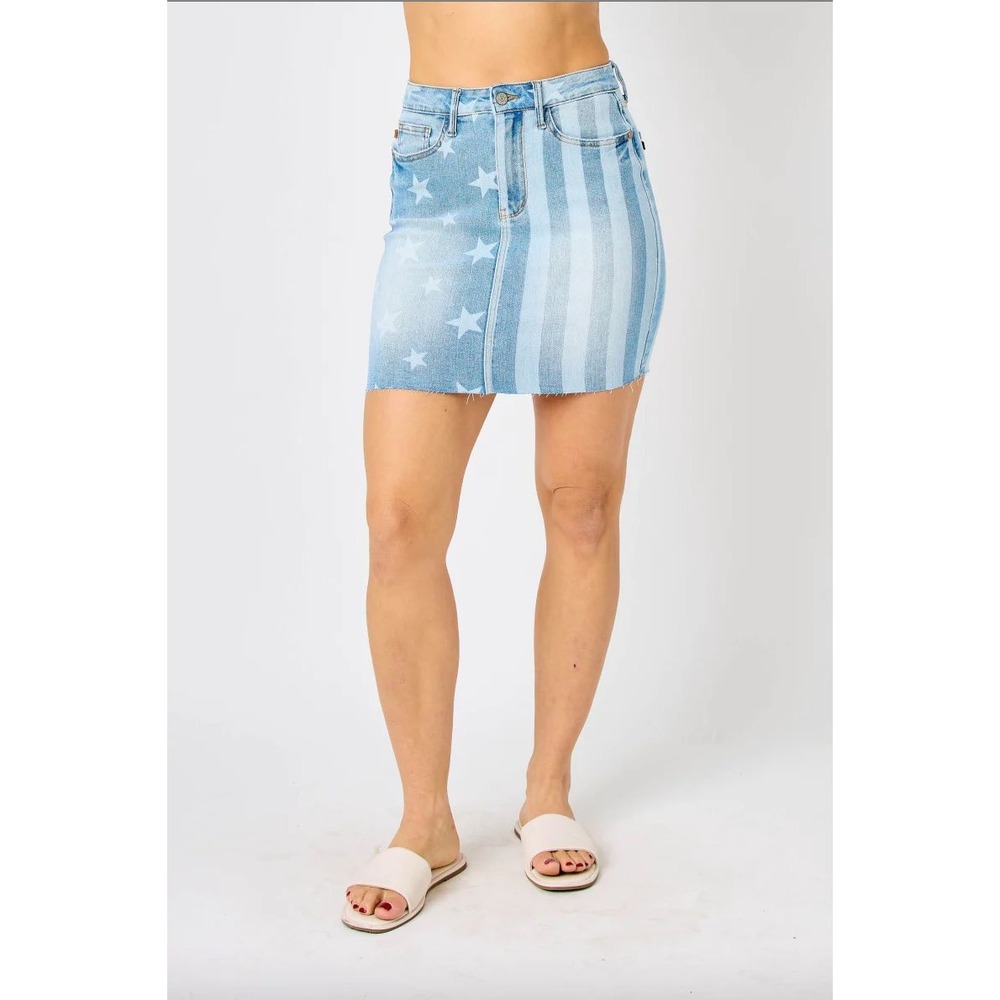 Judy Blue Americana Stars and Stripes High Waist Denim Mini Skirt Light Wash MM